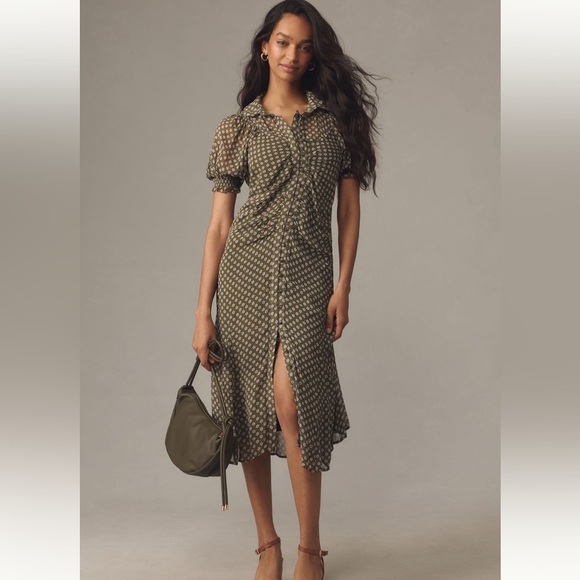 NWT By Anthropologie Puff-Sleeve Ruched Mesh Midi
Shirt Dress - Picture 1 of 7